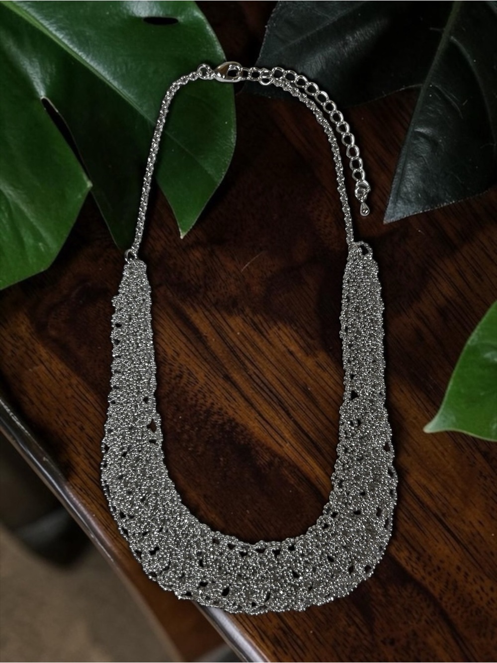 Silver Tone Crochet Statement Necklace